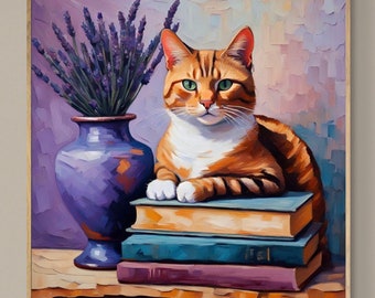 Orange Cat with Books Fine Art Print | Oil Painting | Wall Decor | Gifts for Cat Lovers | Cottagecore Art