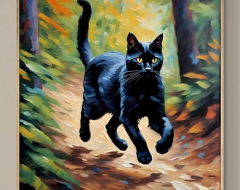 Black Cat in the Woods Fine Art Print | Oil Painting | Wall Decor | Gifts for Cat Lovers