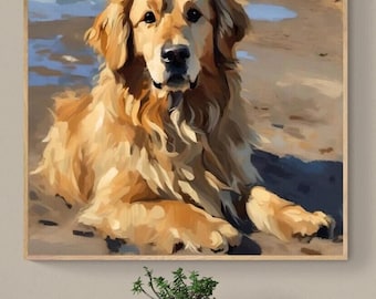 Golden Retriever at the Beach Fine Art Print | Painting | Wall Decor | Gift for Dog Lovers | Wall Art | Coastal Decor | Cardstock Paper