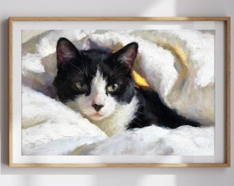 Tuxedo Cat Art Print, Oil Pastel Portrait with Framed or Canvas Options