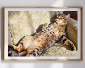 Fine Art Cat Print, Sleeping Tabby Painting on Paper or Canvas