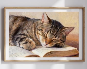 Tabby Cat Art Print, Sleeping Cat Portrait on Book - Framed or Canvas Decor