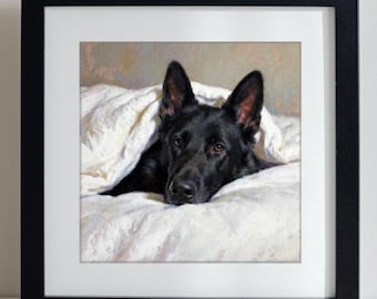 German Shepherd Art Print, Oil Pastel Portrait in Framed or Canvas Options