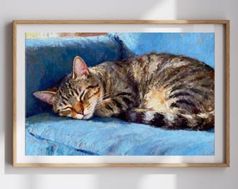 Sleeping Tabby Cat Art Print, Oil Pastel Painting on Paper