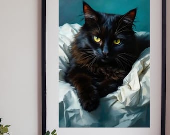 May include: A framed wall art print featuring a long-haired black cat with bright yellow eyes resting on white, rumpled fabric against a teal background. The artwork is enclosed in a simple, thin black frame, presenting a clear portrait.
