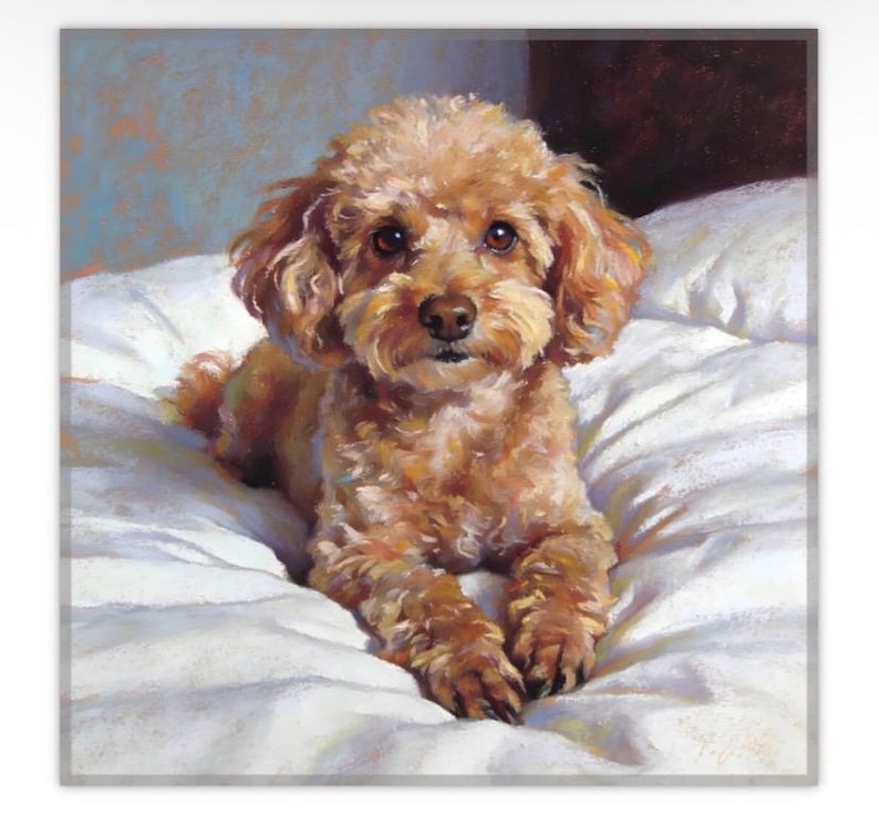 May include: A detailed painting of a small, brown poodle lying on a white pillow. The dog has curly fur and is looking directly at the viewer. The background is a soft blue and brown.