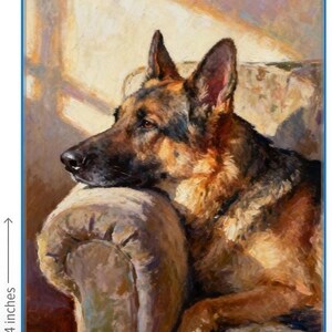 May include: An oil painting of a German Shepherd dog resting its head on the arm of a chair. The dog has black and tan fur. The artwork measures 11 inches by 14 inches. The painting features visible brushstrokes and warm lighting across the scene.