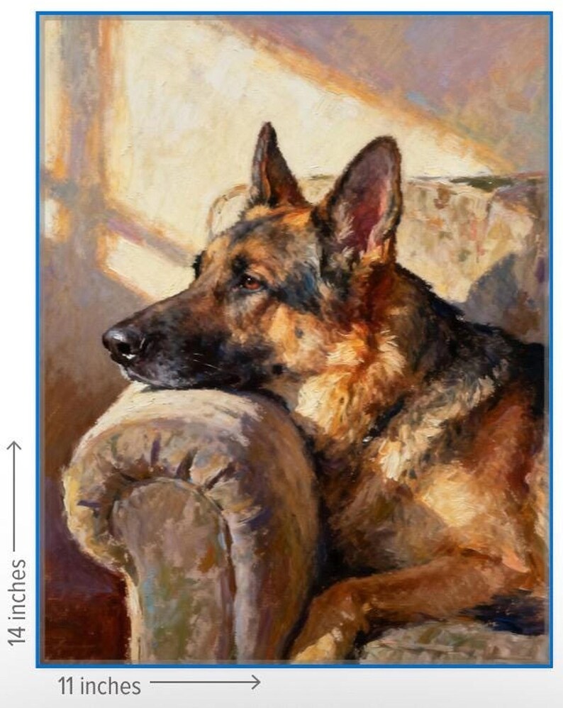 May include: An oil painting of a German Shepherd dog resting its head on the arm of a chair. The dog has black and tan fur. The artwork measures 11 inches by 14 inches. The painting features visible brushstrokes and warm lighting across the scene.