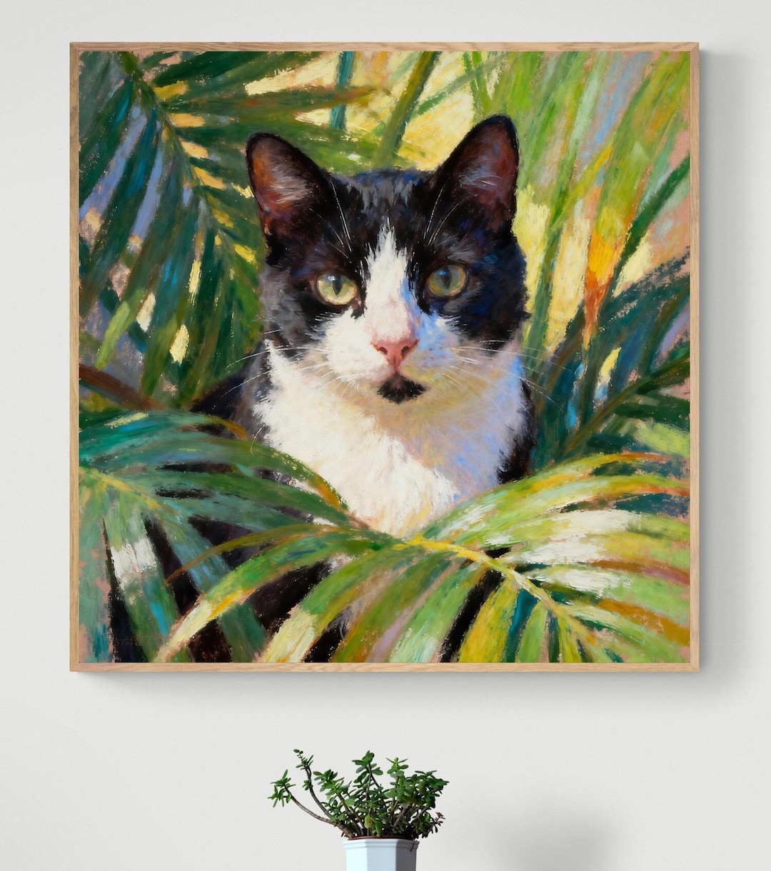 Tuxedo Cat Art Print - Oil Pastel Portrait, Framed or Canvas Wall Decor ...
