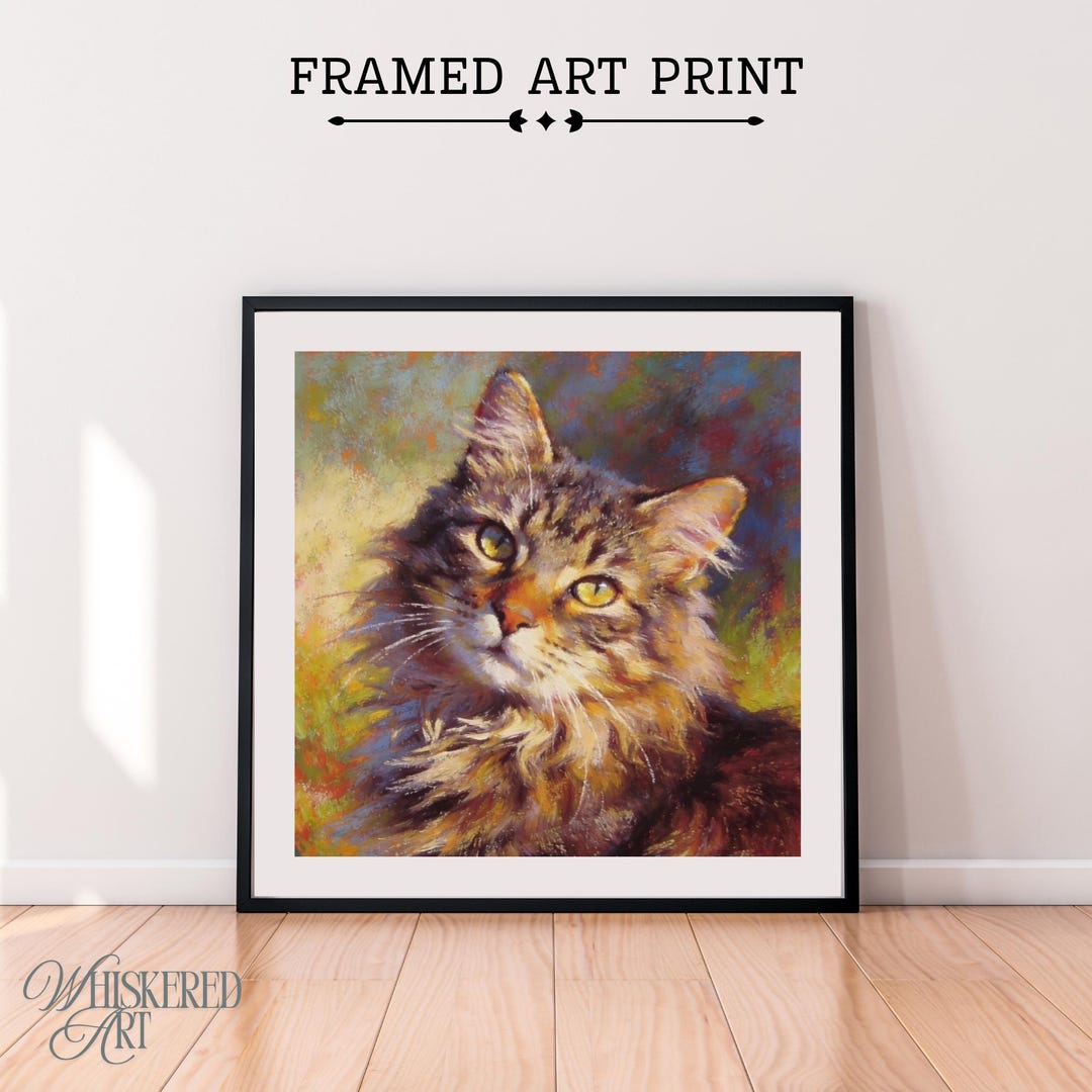 Long Haired Tabby Cat Art Print – Oil Pastel Painting, Framed or Canvas ...