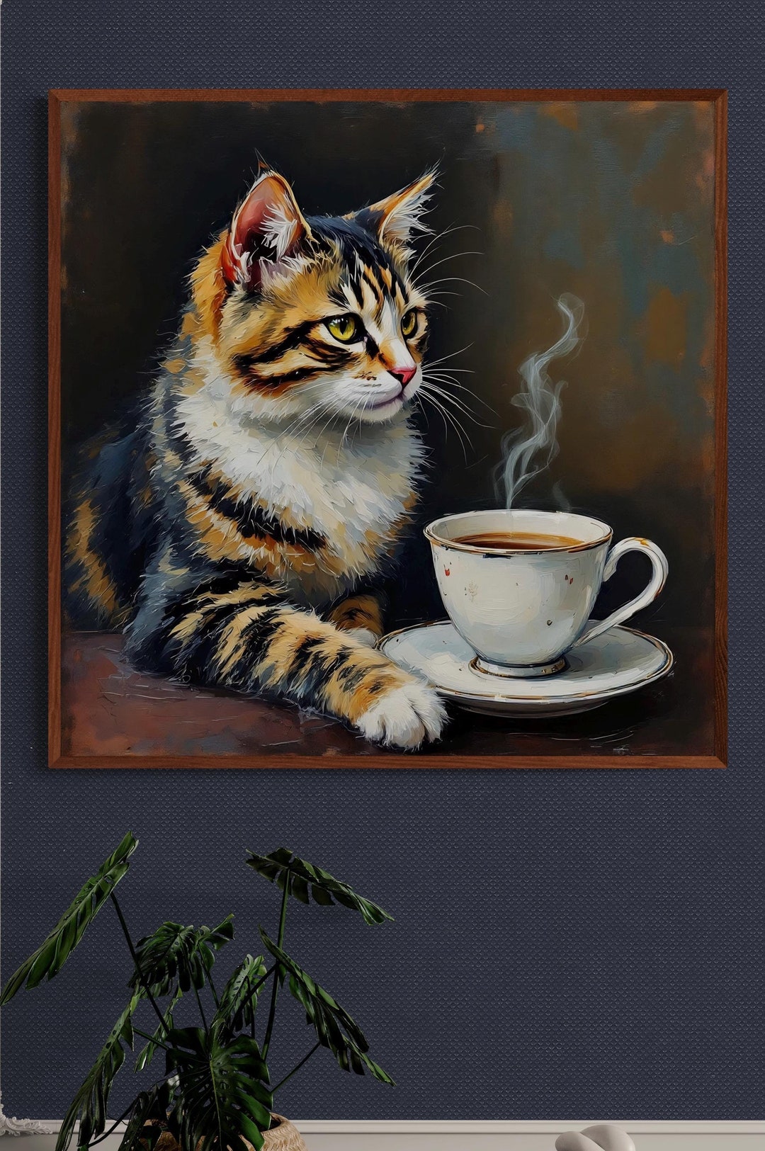 Tabby Cat With Coffee Fine Art Print | Oil Painting | Wall Decor ...