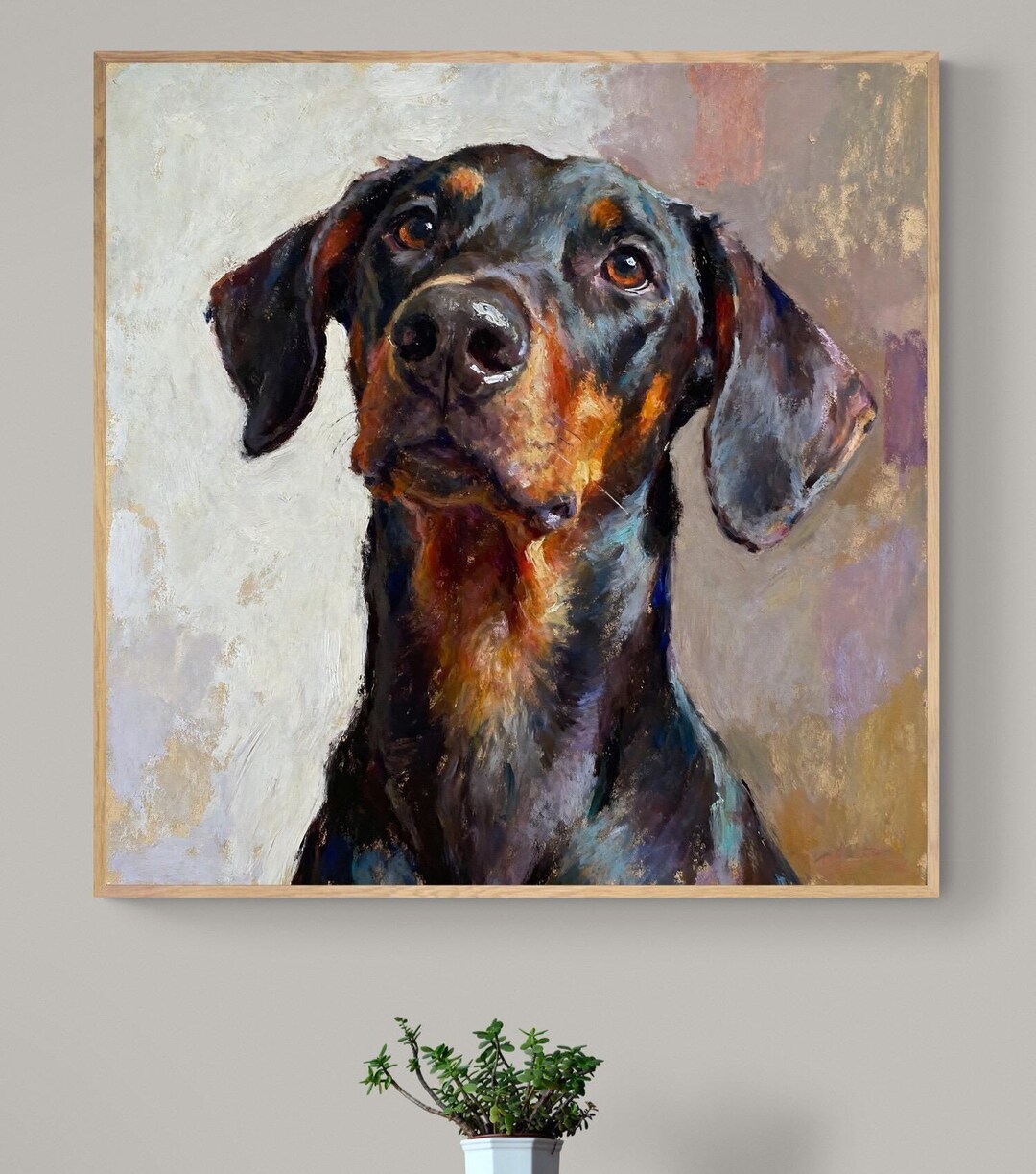 ドーベルマンのアートプリント - 黒と黄褐色の犬の肖像画の油絵 - Etsy