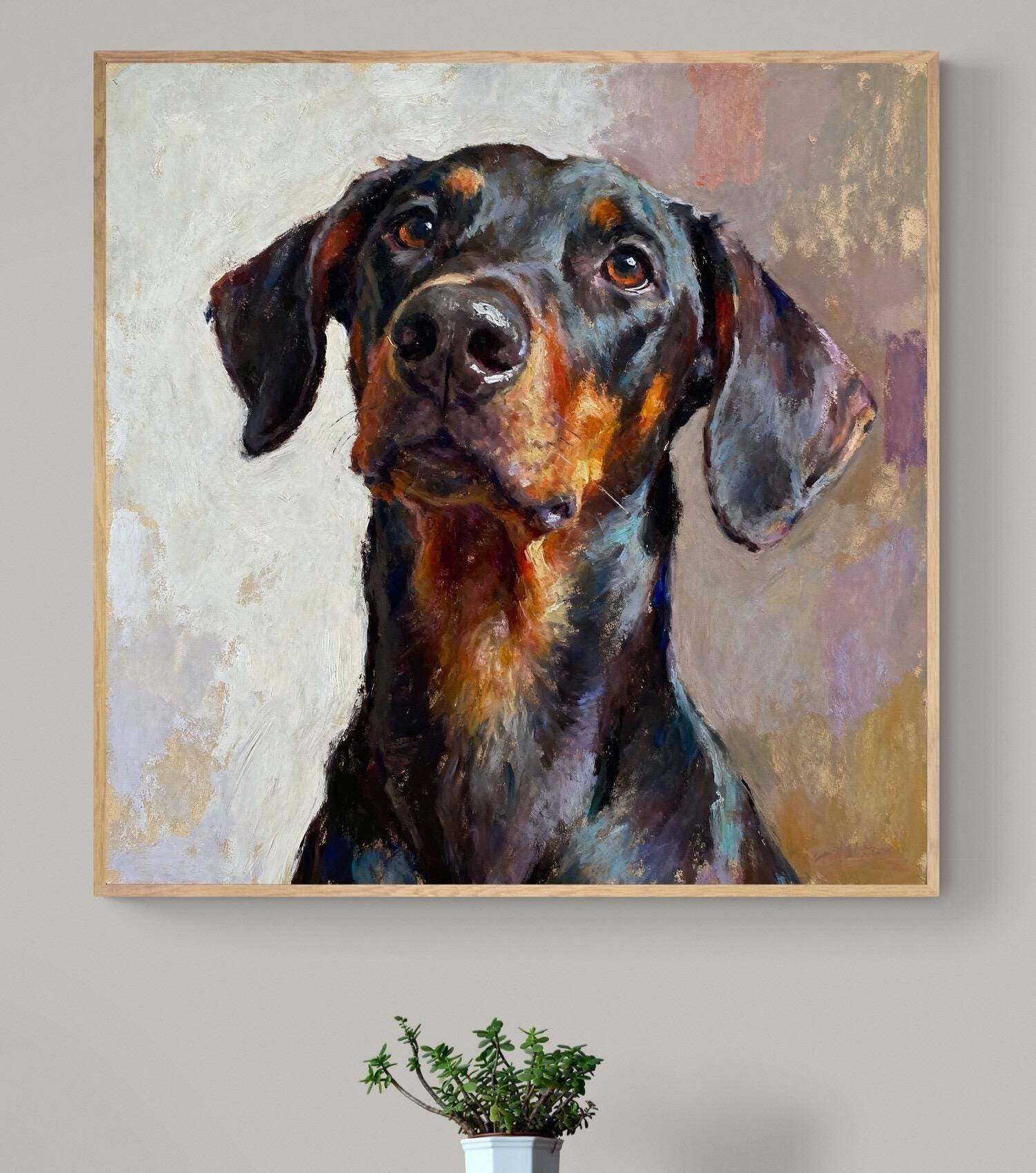 ドーベルマンのアートプリント - 黒と黄褐色の犬の肖像画の油絵 - Etsy