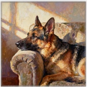 May include: An oil painting of a German Shepherd dog resting its head on the arm of a textured sofa. The dog features a black and tan coat with visible brushstrokes, looking toward the left side of the frame in a warm, sunlit indoor setting.