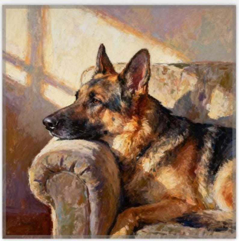 May include: An oil painting of a German Shepherd dog resting its head on the arm of a textured sofa. The dog features a black and tan coat with visible brushstrokes, looking toward the left side of the frame in a warm, sunlit indoor setting.