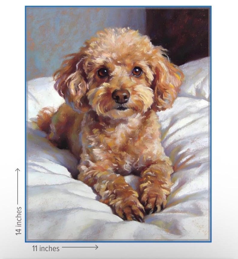 May include: A painting of a brown toy poodle lying on a white pillow. The dog has curly fur and brown eyes. The artwork is 14 inches high and 11 inches wide.