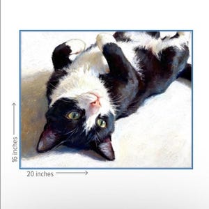 K&ouml;nnte beinhalten: Ein &Ouml;lgem&auml;lde einer schwarz-wei&szlig;en Katze, die auf dem R&uuml;cken liegt und die Pfoten eingezogen hat. Die Katze hat gr&uuml;ne Augen und eine rosa Nase. Das Kunstwerk misst 40,64 cm mal 50,8 cm, wie durch die Ma&szlig;linien an der Seite und unten angezeigt.