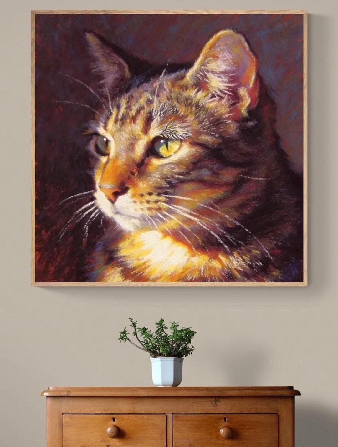 Sunlit Tabby Cat Art Print, Oil Pastel Portrait on Canvas or Framed ...