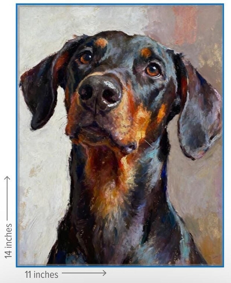 K&ouml;nnte beinhalten: Ein &Ouml;lgem&auml;lde eines Dobermanns mit schwarzem und lohfarbenem Fell, das sichtbare Pinselstriche und einen neutralen Hintergrund aufweist. Das Kunstwerk misst 27,94 cm mal 35,56 cm, wie durch die Ma&szlig;linien am Bildrand angegeben.