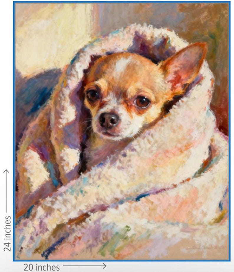 K&ouml;nnte beinhalten: Ein 61 x 51 cm gro&szlig;es Gem&auml;lde eines Chihuahua-Hundes, der in eine weiche, strukturierte Decke geh&uuml;llt ist. Der Hund hat braunes und wei&szlig;es Fell mit gro&szlig;en, dunklen Augen. Die Decke ist eine Mischung aus Pastellfarben.