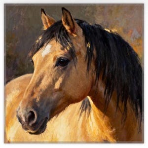 May include: An oil painting of a buckskin horse with a black mane and a white star on its forehead. The horse is shown from the chest up, facing slightly to the left, with visible brushstrokes and warm golden lighting on its coat.