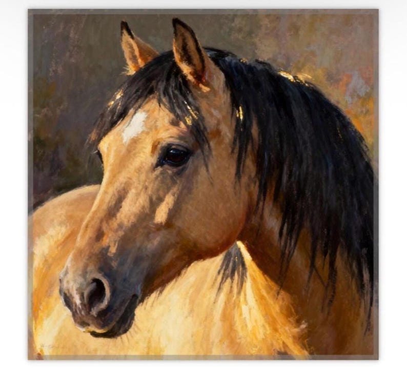 May include: An oil painting of a buckskin horse with a black mane and a white star on its forehead. The horse is shown from the chest up, facing slightly to the left, with visible brushstrokes and warm golden lighting on its coat.