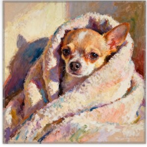 K&ouml;nnte beinhalten: Gem&auml;lde eines kleinen Chihuahua-Hundes, eingeh&uuml;llt in eine weiche, flauschige Decke. Der Hund hat braunes und wei&szlig;es Fell und gro&szlig;e, ausdrucksstarke Augen. Die Decke ist eine Mischung aus Pastellfarben, und der Hintergrund ist ein warmer, neutraler Ton.