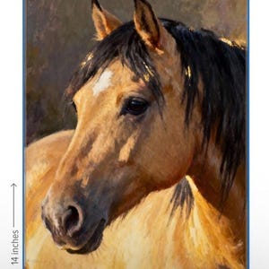 May include: An oil painting of a tan horse with a black mane and a white star on its forehead. The artwork measures 14 inches by 11 inches. The horse is depicted in profile, facing left, with visible brushstrokes and warm lighting on its coat.