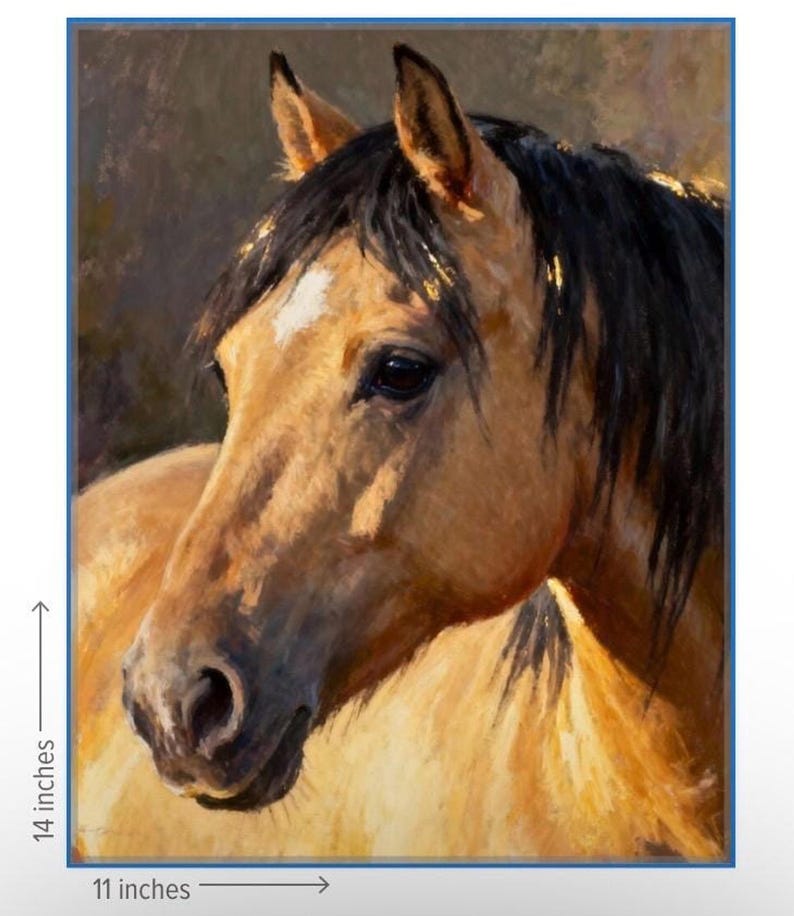 May include: An oil painting of a tan horse with a black mane and a white star on its forehead. The artwork measures 14 inches by 11 inches. The horse is depicted in profile, facing left, with visible brushstrokes and warm lighting on its coat.