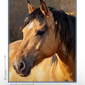 May include: An oil painting of a tan horse with a black mane and a white star on its forehead. The horse is shown in profile, facing left. The artwork measures 8 inches in width by 10 inches in height, as indicated by the text on the image.