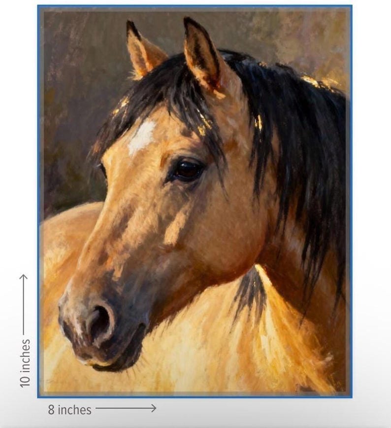 May include: An oil painting of a tan horse with a black mane and a white star on its forehead. The horse is shown in profile, facing left. The artwork measures 8 inches in width by 10 inches in height, as indicated by the text on the image.