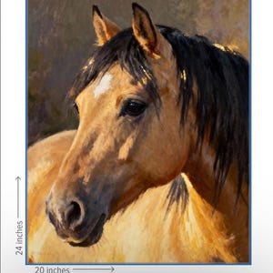 May include: An oil painting of a tan horse with a black mane and a white star on its forehead. The artwork measures 24 inches in height and 20 inches in width, featuring visible brushstrokes and warm lighting that highlights the horse's facial features.
