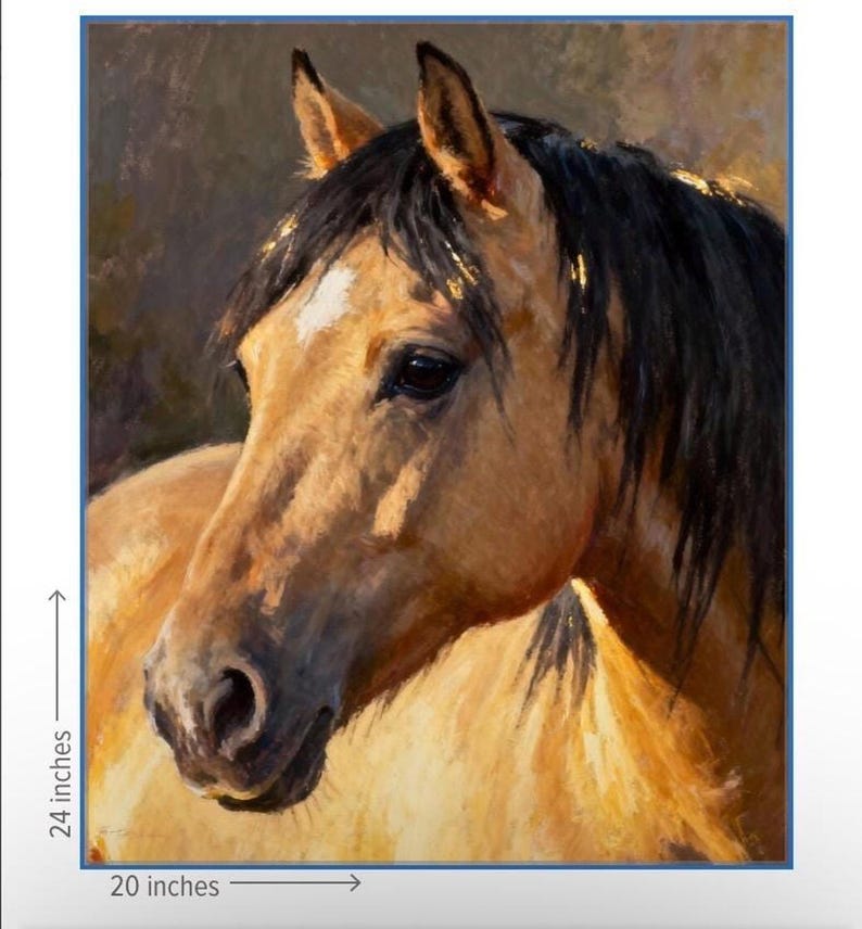 May include: An oil painting of a tan horse with a black mane and a white star on its forehead. The artwork measures 24 inches in height and 20 inches in width, featuring visible brushstrokes and warm lighting that highlights the horse's facial features.