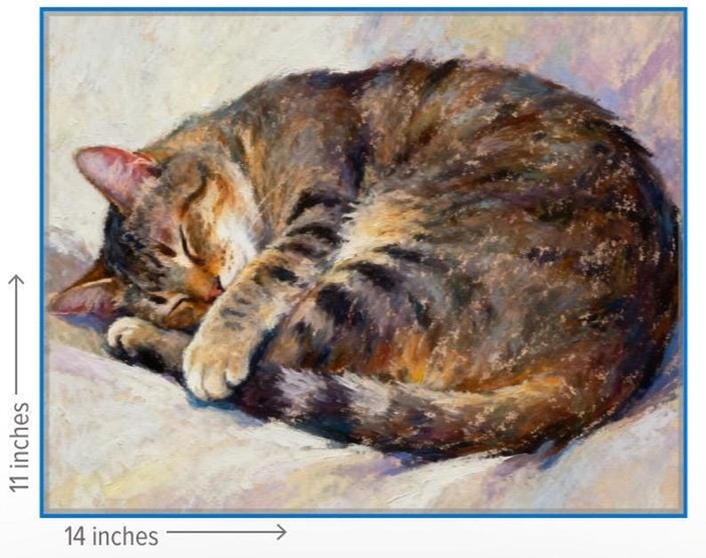 Sleeping Cat Art Print, Oil Pastel Portrait on Canvas or Framed Decor 11 x 14