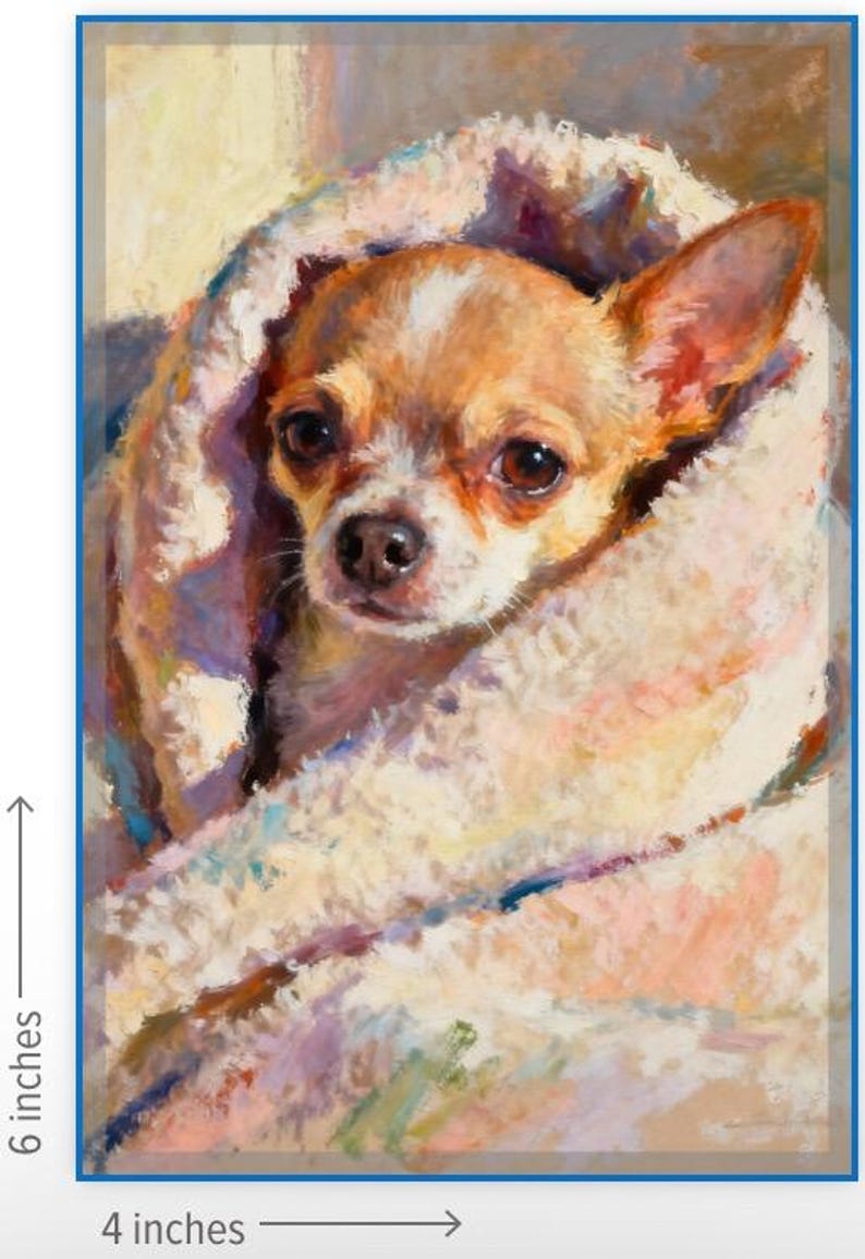 K&ouml;nnte beinhalten: &Ouml;lgem&auml;lde eines kleinen Chihuahuas, der in eine Decke geh&uuml;llt ist. Der Hund hat braunes und wei&szlig;es Fell und dunkle Augen. Das Kunstwerk ist 10 cm breit und 15 cm hoch.
