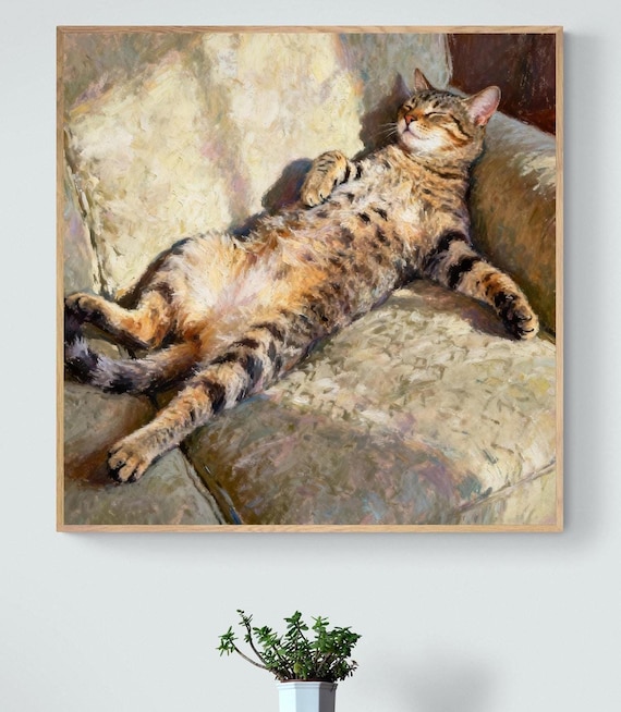 Sleeping Cat Art Print, Fine Art Tabby Painting on Canvas or Paper