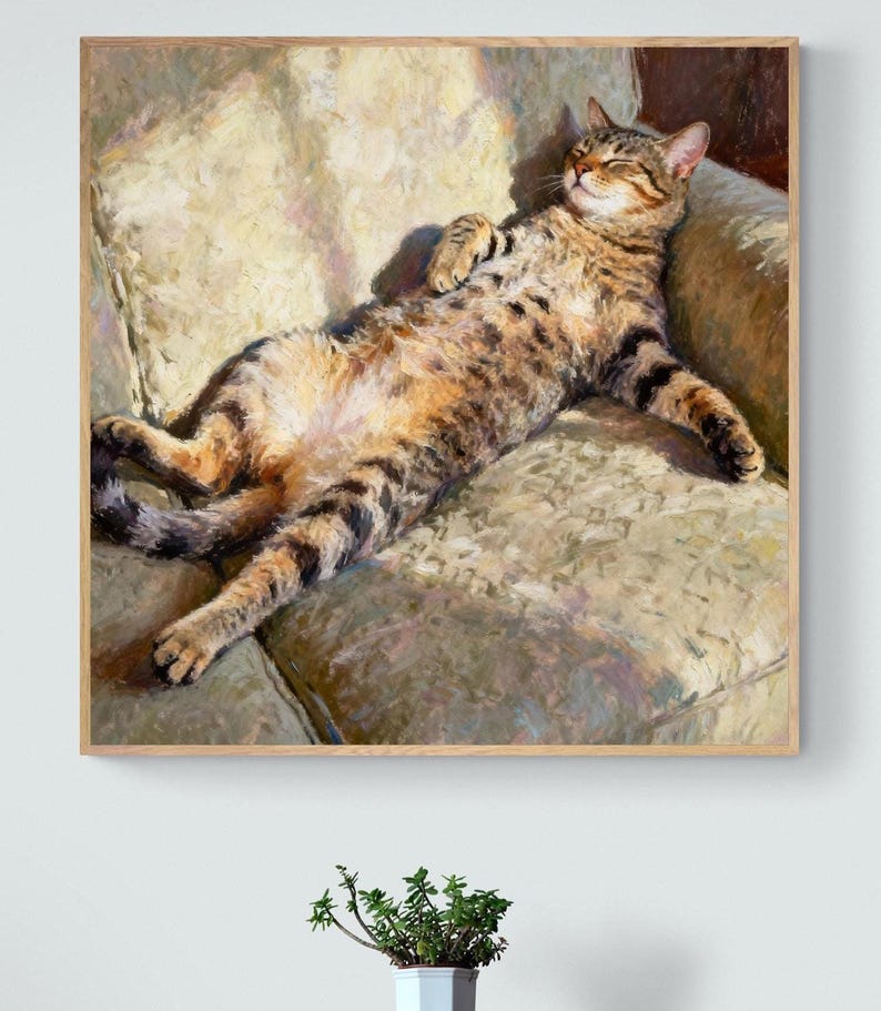 Sleeping Cat Art Print, Fine Art Tabby Painting on Canvas or Paper image 1
