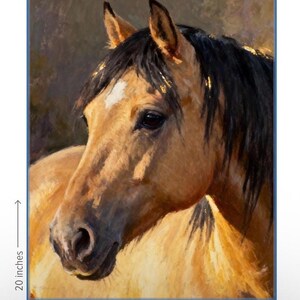 May include: An oil painting of a tan horse with a black mane and a white star on its forehead. The artwork measures 16 inches wide by 20 inches high, as indicated by the visible measurement lines along the bottom and left side of the canvas.