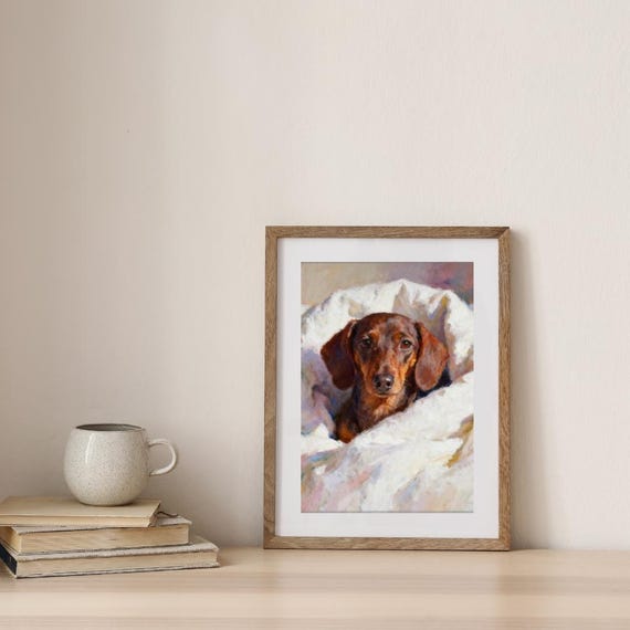 Dachshund Art Print - Whimsical Oil Pastel Painting, Framed or Canvas