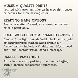 Text describing museum-quality prints, framing options, and packaging details for the artwork.