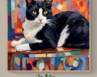 Tuxedo Cat Colorful Fine Art Print | Painting | | Free Shipping | Heavy Cardstock Paper | Framing Optional | Archival Quality Ink