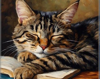 Feline Repose – Tabby Cat Sitting, Original Limited Edition Oil Painting Print 5x7 By Simon Rudd