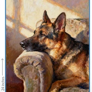 May include: An oil painting of a German Shepherd dog resting its head on the arm of a chair. The dog has black and tan fur. The artwork measures 24 inches in height and 20 inches in width, as indicated by the measurement lines on the image.