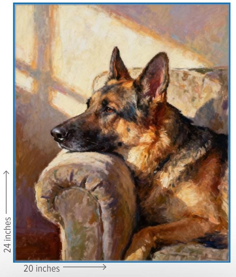 May include: An oil painting of a German Shepherd dog resting its head on the arm of a chair. The dog has black and tan fur. The artwork measures 24 inches in height and 20 inches in width, as indicated by the measurement lines on the image.