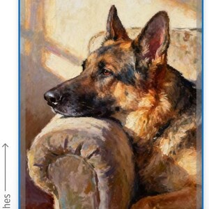 May include: An oil painting of a German Shepherd dog resting its head on the arm of a chair. The dog has black and tan fur and is looking to the left. The artwork measures 6 inches in height and 4 inches in width as indicated by the markings.