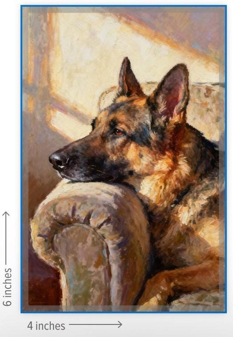May include: An oil painting of a German Shepherd dog resting its head on the arm of a chair. The dog has black and tan fur and is looking to the left. The artwork measures 6 inches in height and 4 inches in width as indicated by the markings.