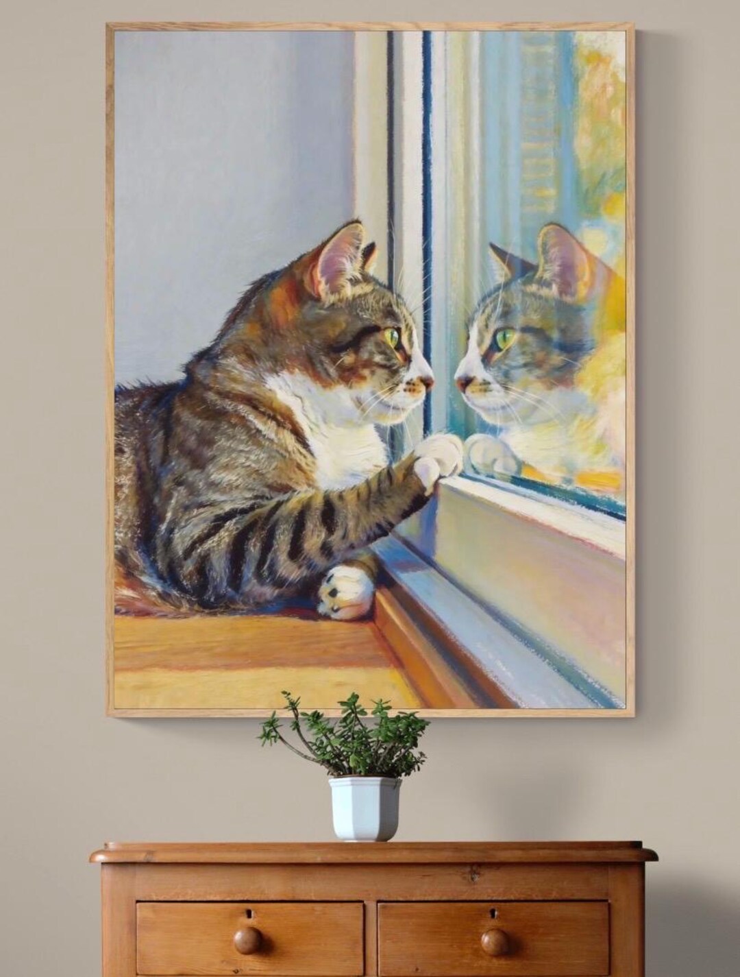 White and Tabby Cat Art Print: Oil Pastel Pet Portrait - Etsy