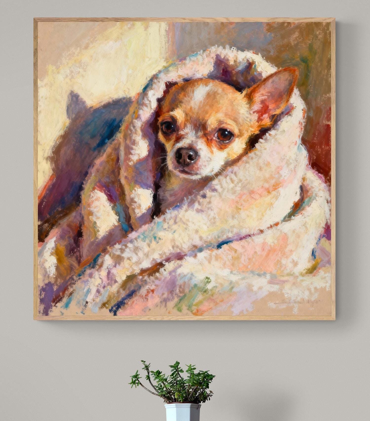 チワワのアートプリント – 毛布に包まれた心地良い犬の油絵 - Etsy 日本