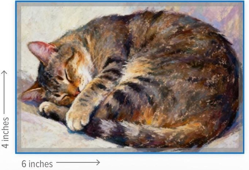 May include: An oil painting of a sleeping tabby cat curled into a ball, featuring brown, black, and tan fur tones. The artwork measures 4 inches by 6 inches as indicated by the visible measurement lines on the left and bottom edges of the print.