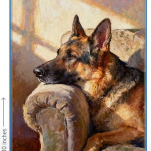 May include: An oil painting of a German Shepherd dog resting its head on the arm of a chair. The dog has black and tan fur and is looking to the left. The artwork measures 8 inches by 10 inches as indicated by the visible measurement markers.